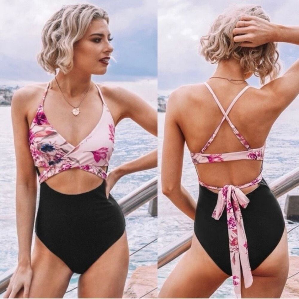 Floral Pink and Black Women's Swimsuit